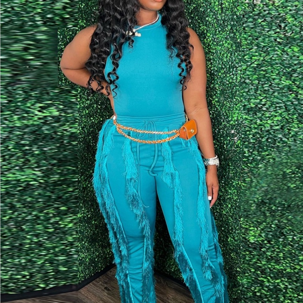 Turquoise Casual Tank Top & Tassel Decor Drawstring Pants Set